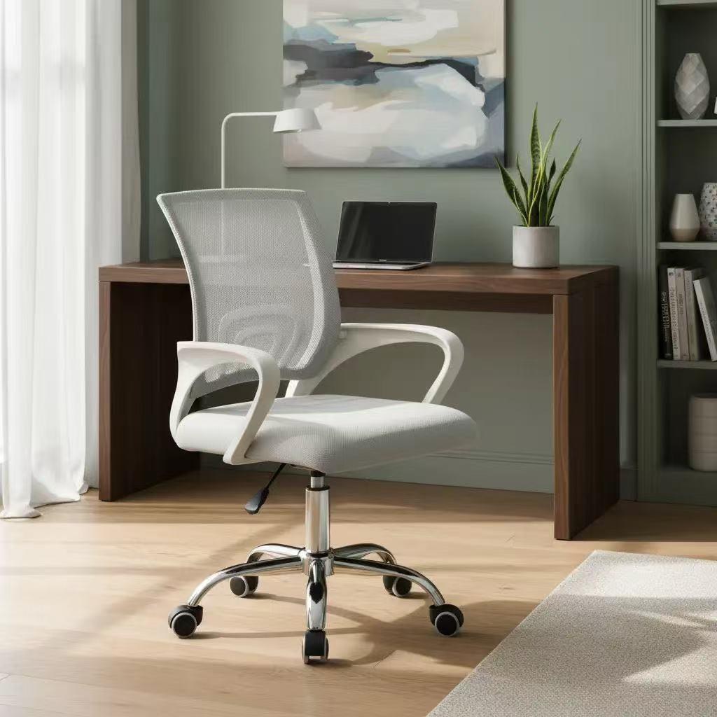 A light-coloured mesh chair in a workspace